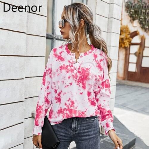 Deenor Blouse Women 2021 Loose Tie-dye Print V-Neck Long Sleeve Buttons Shirt Women Tops Blusas Mujer De Moda Elegant Fashion