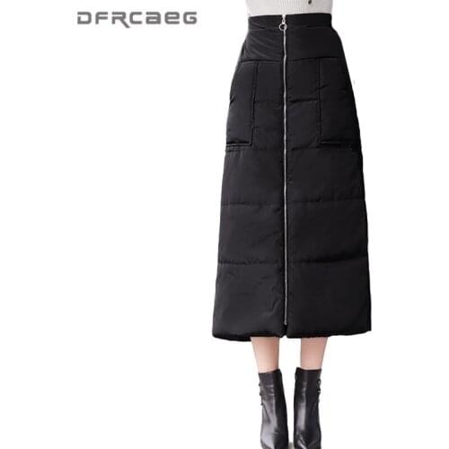 Warm Elastic Waist Down Cotton Zipper Long Skirt Winter 2021 Casual Thicken Elegant A-Line Skirts With Pocket Femme
