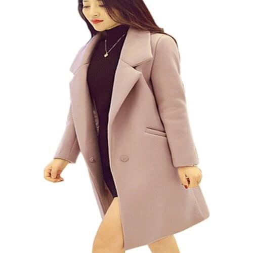 Womens Slim Fit Fashion Suit Collar 2020 Fall Winter Mid-Long Pure Color Woolen Woolen Long Sleeve Jacket