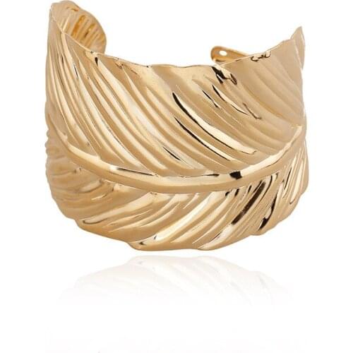 Hot Fashion Exaggerate Womens Punk Big Wide Gold-Color Leaf Shape Cuff Bangle Bracelet Women Free Shipping