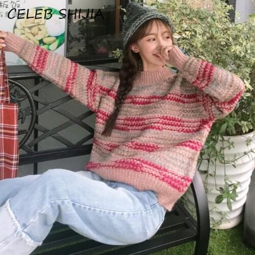 Pink Striped Woman Sweater Fall Round Neck Full-sleeve Sweet Knitted Jumper Woman Pullover Autumn Winter Knitting Sweater