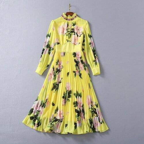 Runway Women Spring Vintage Luxury Print Slim Pleated High Waist Chiffon Dress Female Long Sleeve Beading Elegant Long Dresses