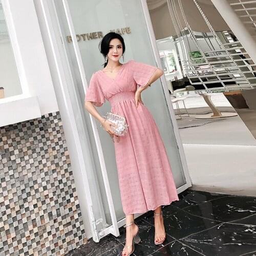 Spenic Tensic Chiffon Dress Female 2018 New Summer Korean of Temperament V-neck Gentle Solid Color High Waist Female Vestidos