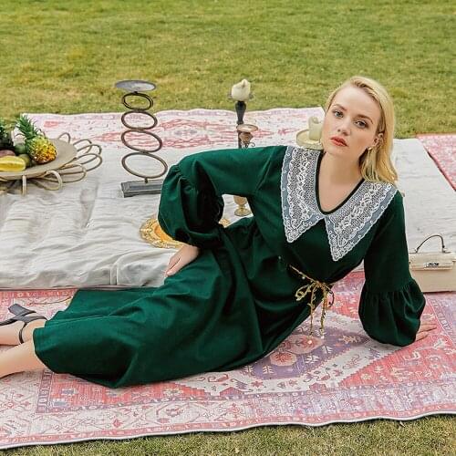 30101 Dropshipping Green Spring New Arrival Hepburn Maxi Dress 2021 Elegant Plus Size Woman Long Lantern Sleeve European Clothes