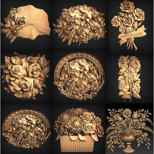 9pcs decor flower 3d STL Model for CNC Router 3D Printer flower 3d model relief STL format Artcam Aspire Cut3D Vcarve
