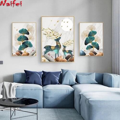 Diamond Embroidery Abstract Landscape Golden Elk Leaf Diamond Painting Cross Stitch Wall Art Pictures for Living Room Home Decor