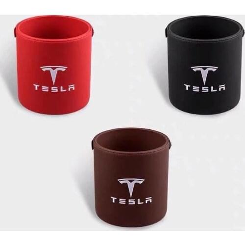 Car Portable Leather Trash Bin Storage Bin Storage Box for Tesla Model3 ModelX ModelsY Car Storage Finishing Accessories