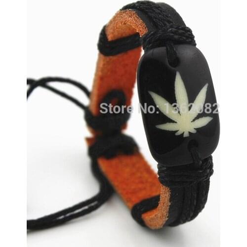 Fashion Men Womens Resin Carving Plant Lucky Leaf Leather Bracelet Surfer Bangle Gift MB91