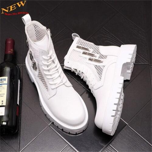 Summer white Leather Punk Men High Tops Motorcycle Shoes Height Increasing Martin boots Zapatillas Hombre