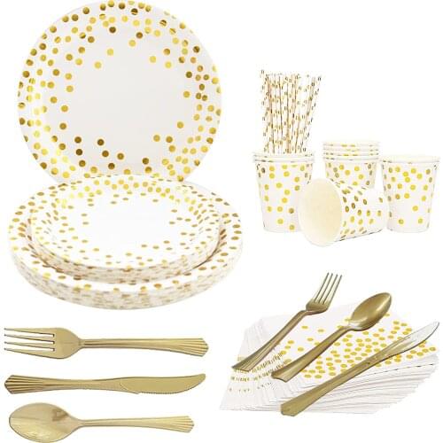 Disposable Tableware Sets Dinnerware White Gold Dot Paper Cutlery Plates for Birthday Graduation Mothers Day Christmas Wedding