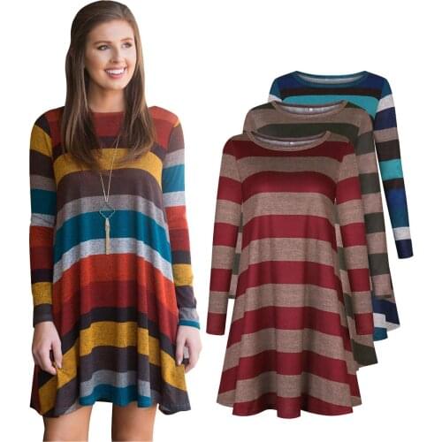 Autumn Women Dress O-Neck Long Sleeve Striped Pocket Loose Casual Vintage Dress Woman Mini Party Dresses Vestidos