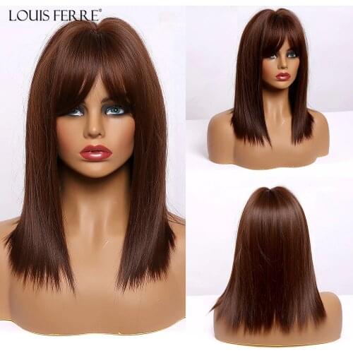 LOUIS FERRE Medium Straight Honey Brown Wigs with Bangs for White/Black Women Cosplay Daily Bobo Cute Wig Heat Resistant Fibre