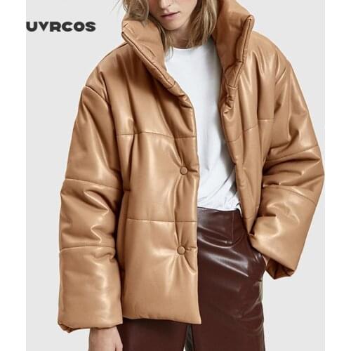 UVRCOS 2020 Solid PU LeatherDown Parkas Women Fashion High Imitation Leather Coats Women Elegant Thick Cotton Jackets Female Lad