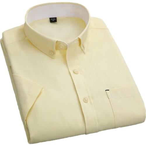 AOLIWEN brand men 50% cotton yellow solid color Oxford short sleeve shirt summer business casual thin sweat absorbent slim shirt