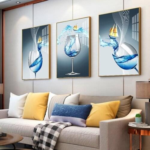 Modern Light Luxury Restaurant Blue Wine Glass Decorative Painting Living Room Golden Sailing Elegant and Simple Wall Art Decor