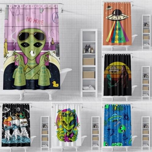 3D UFO Shower Curtain Cartoon Alien Pattern Bathroom Curtain Waterproof Fabric Shower Curtain Hooks Bath Cover Polyester