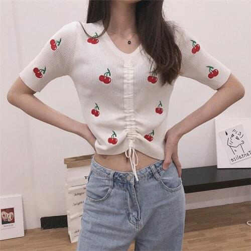 Cheery & Pineapple Print Embroidery Short Sleeve Drawstring Tie Up Front Solid Knit Rib Crop Top