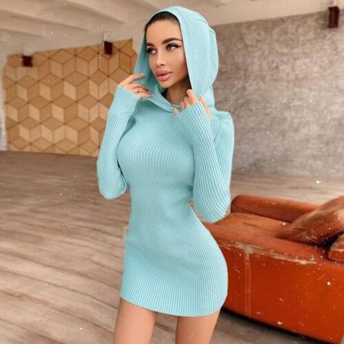 Y2K 2021 Spring Autumn Fashion Black Long Sleeves Hoody Mini Womens Knitting Dresses Base Party bodycon Outfits Clothes