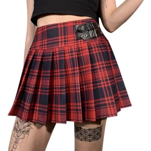 Womens Mini Pleated Skirt, Punk Style Plaid Print High Waist A-Line Skirt with Leather Buckle