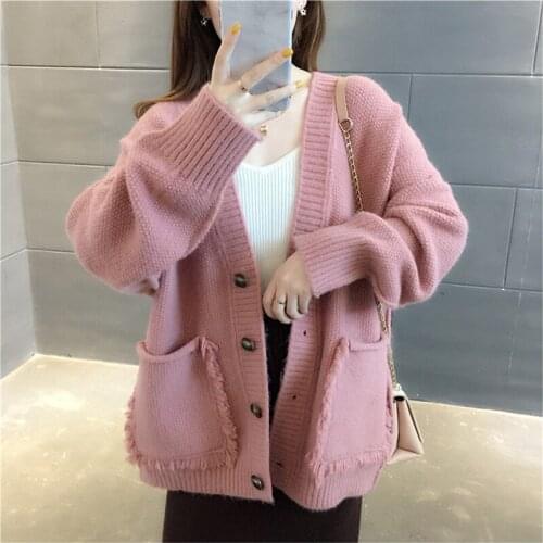 Women Plus Size Cardigan Simple Casual Knitted Coat 2020 Spring Autumn V-Neck Big Pocket Loose Cardigan Sweater Female Tops Z606