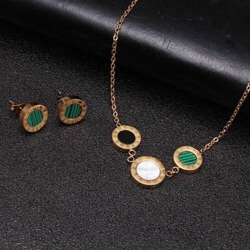 Brand Charm Green Women Female Fashion Jewelry Sets Luxury Wedding Party Necklace and Earrings Stainless Steel Birthday Gift
