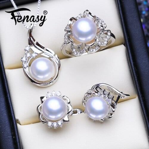 FENASY 925 Sterling Silver Pendant Necklace Natural Pearl Jewelry Sets For Women Bohemian Stud Earrings With Stones Party Rings