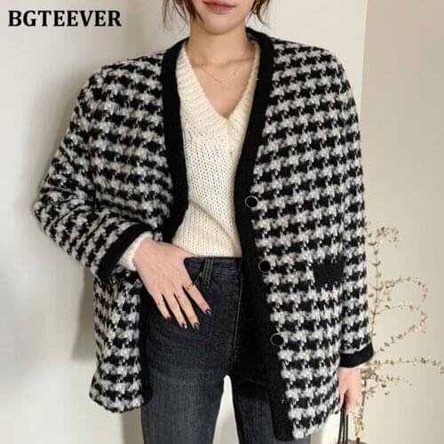 BGTEEVER Chic Elegant Single-breasted V-neck Woolen Coats Women 2020 Winter Outwear Tops Female Loose Warm Houndstooth Jackets
