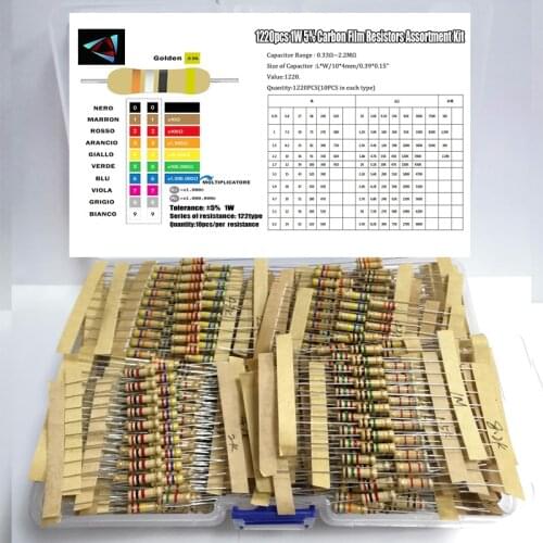 1220PCS/set 122Values 0.33R-2.2MOhm Resistor Kit 1W 5% Carbon Film Resistor Assorted Kit