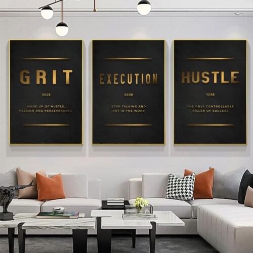 Grit Hustle Execution Inspirational Canvas Painting Golden Motivational Quote Posters Prints Wall Art Pictures Office Home Decor