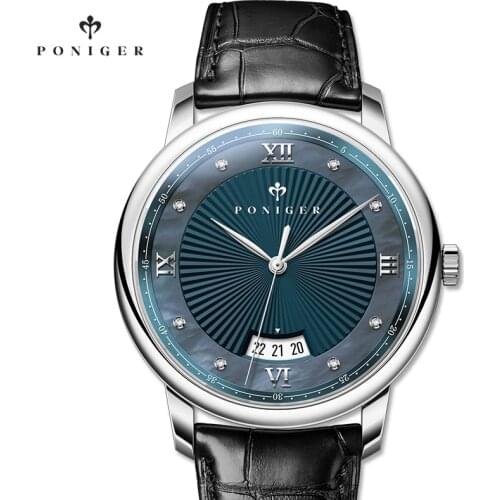 PONIGER Top Luxury Brand Men Quartz Wristwatch with Leather Strap Casual Business Clock Men Sapphire Waterproof Date Watches