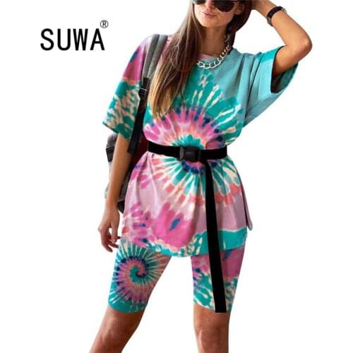 Lounge home wear tracksuit women two piece summer oversize t-shirts tunic + skinny biker shorts casual outfits streetwear