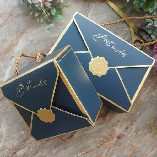10pcs Envelop Gold Deep Blue Best Wish with Rope Handle Paper Box Cookie Macaron Candy Wedding Birthday Party Gifts Packaging