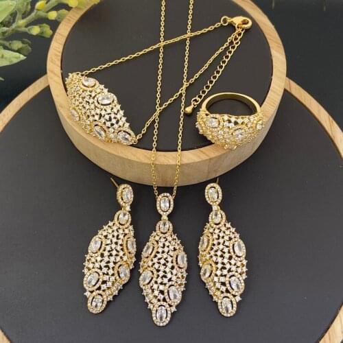 Lanyika Fashion Jewelry Set Classic Oval Zirconia Micro pave Necklace with Earrings, Bracelet and Ring for Woman Banquet Gifts