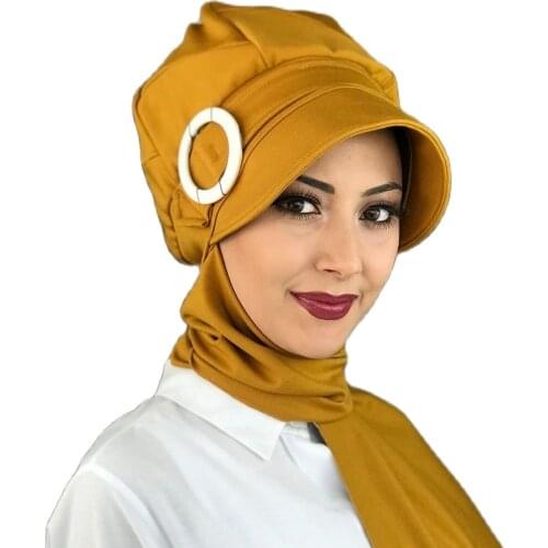 New Islamic Fashion Muslim Hijab Lady 2021 Trend Single Size Bathing Cap Beret Ready Shawl Scarf Buckle Honey Color Female Hat