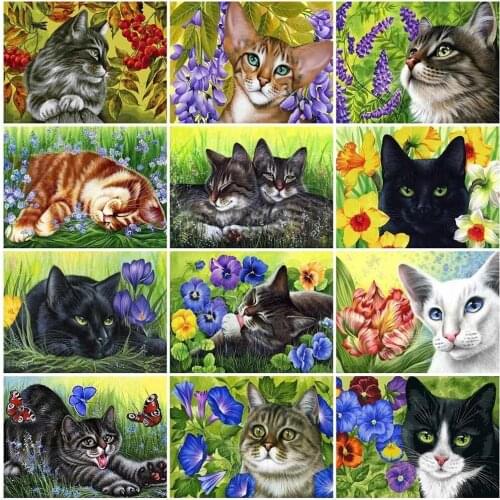 PDMDOG 5D DIY Square Round Diamond Painting Cat Craft Kit Diamond Embroidery Animal Diamond Mosaic Flower Home Decor Gift