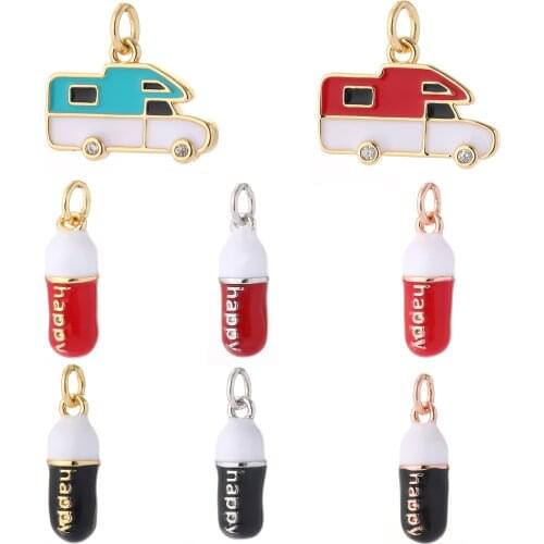 Happy Capsule and Bus Diy Pendant Charms for Earrings Neckalce Bracelet Jewelry Making Gold Dangle Resin Designer Charms Copper