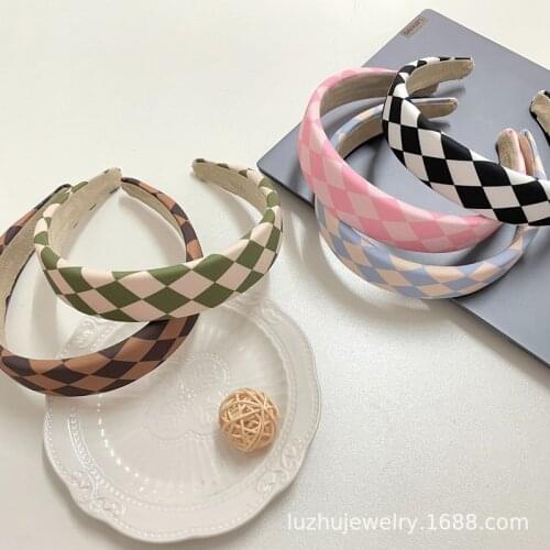 Korean plaid sponge headband net red simple color matching wide-sided checkerboard headband female wild hair accessories