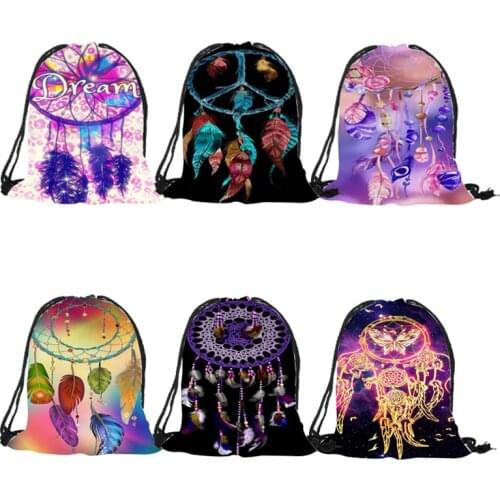 Elegant Fashion Women Girls Drawstring Backpack Dream Catcher Feather Print Shoulder Bag Casual Shopping Easy Carry Package