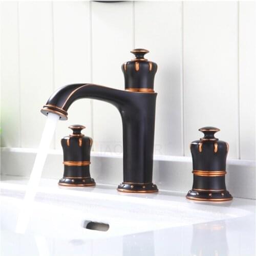 Oil Rubbed Bronze black Solid brass bathroom sink faucet three holes two handles cold hot mixer basin faucet high quality tap