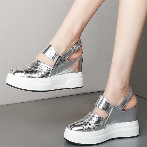 Summer Pumps Women Black Strap Genuine Leather Wedges High Heel Gladiator Sandals Female Round Toe Fashion Sneakers Casual Shoes