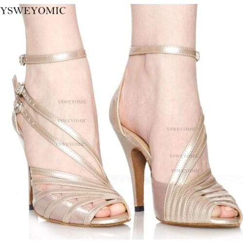 Fashion Salsa Jazz Tango Ballroom Training Latin Dance Shoes for Dancing Women Dancers High Heels Satin Sandals Khaki Black Grey