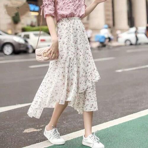 Bohemian ruffled high waist chiffon women skirt Summer Thin Floral print skirt Beach pleated skirt Female Party Club midi skirt
