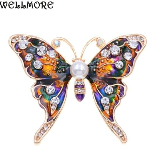 WELLMORE Vintage women brooch Colorful butterfly Venetian pearl alloy brooches for women femme jewelry