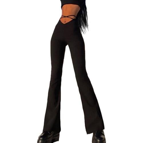 Lady flares V-shaped Waist Cross Bandage decor high Waist slim long pants open Navel slacks woman solid color Casual flared pant