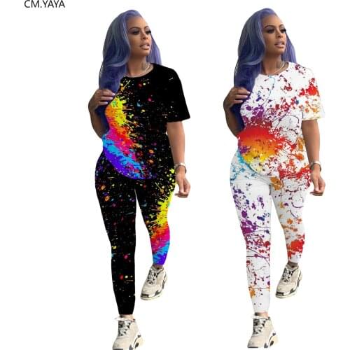 CM.YAYA active wear women painted print two piece set short sleeve tee tops pencil long pants suit sweatsuit tracksuit outfit