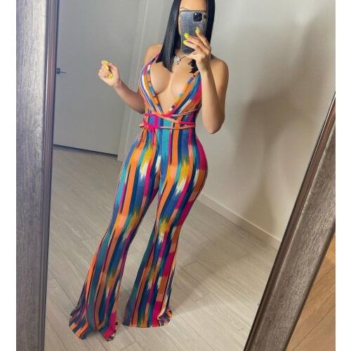 Halter Backless Striped Jumpsuit Womens Summer Clothing 2021 African Flare Pants Suits Sexy Club Outfits