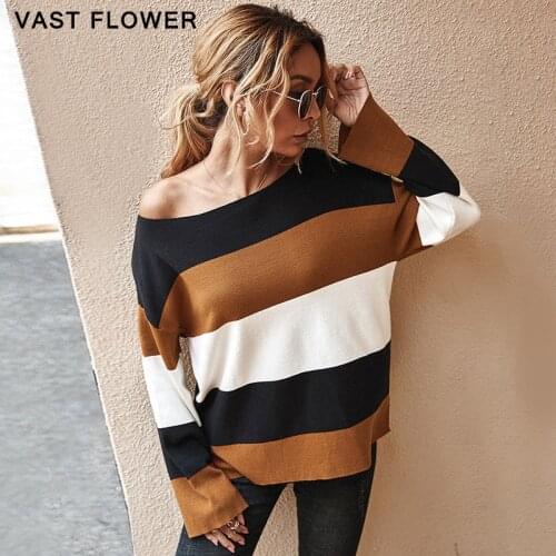 Contrast Color Striped Knitted Sweater Women O-Neck Pullover Long Sleeve Fashion Vintage Loose Sweaters Autumn Clothes 2020