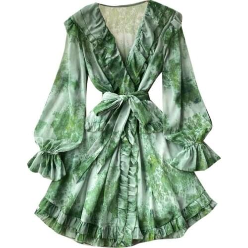 New Spring Autumn Women Sexy V-Neck Long Sleeve Sashes Slim Mini Dress High Quality Retro Print Ruffles Designer Runway Dress