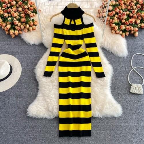 Sexy Halter Hollow out Off shoulder Striped Patchwork Knitted Dresses Women Fall Winter New Bodycon Stretch Sweater Dress Robe