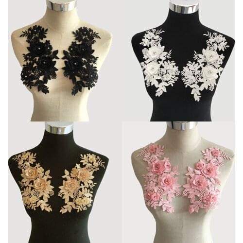 1 Mirror Pair Pink Black Wedding Dress Applique Pearls Beaded DIY Bride Hair Accessories Lace Patch Lace Flower